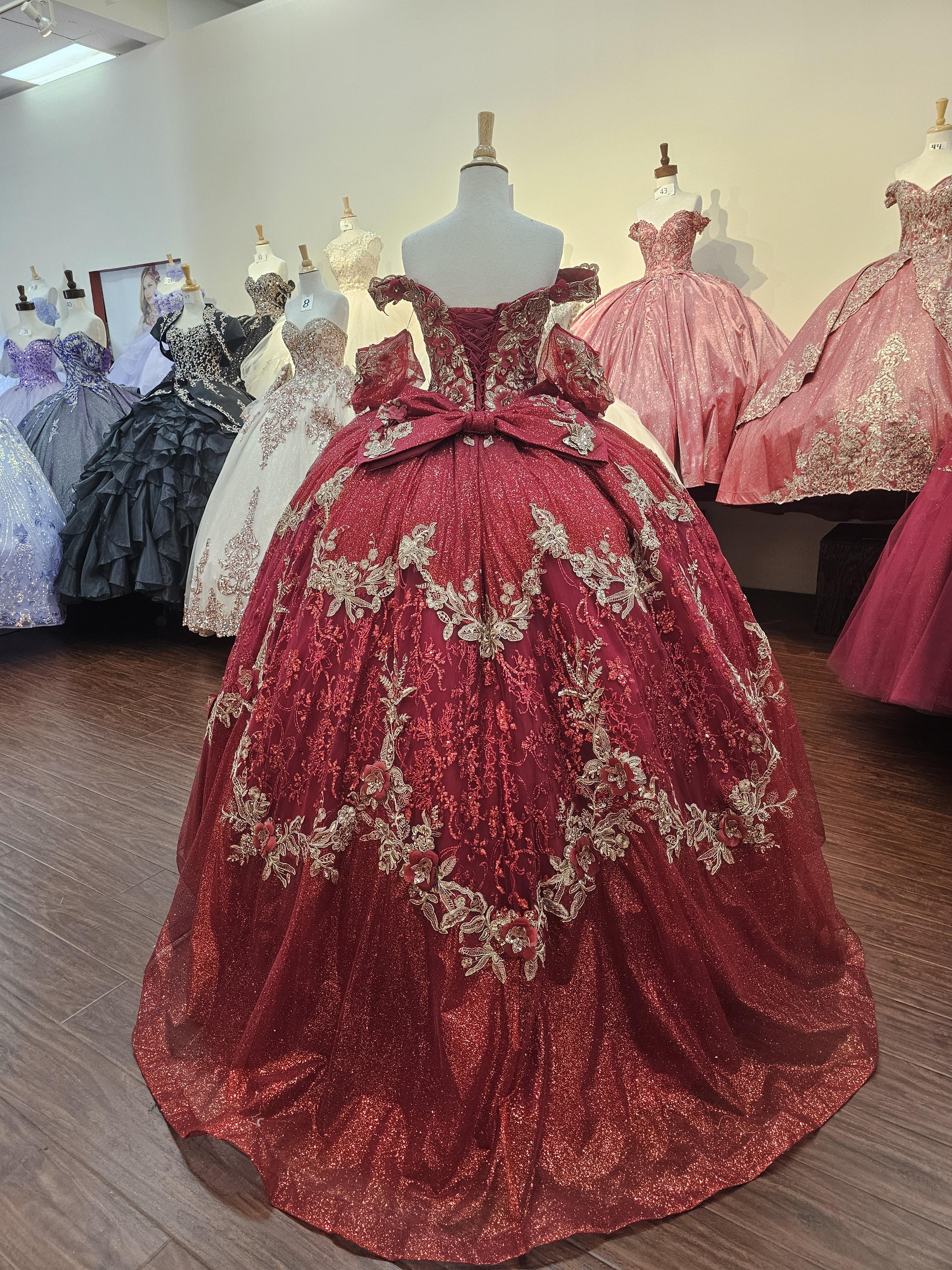 (Live 45)Quinceanera Ball Gown Dress - 3D Butterfly & Flower Embroidery Metallic Sweet 15 Red Sequin Dress for Special Occasions