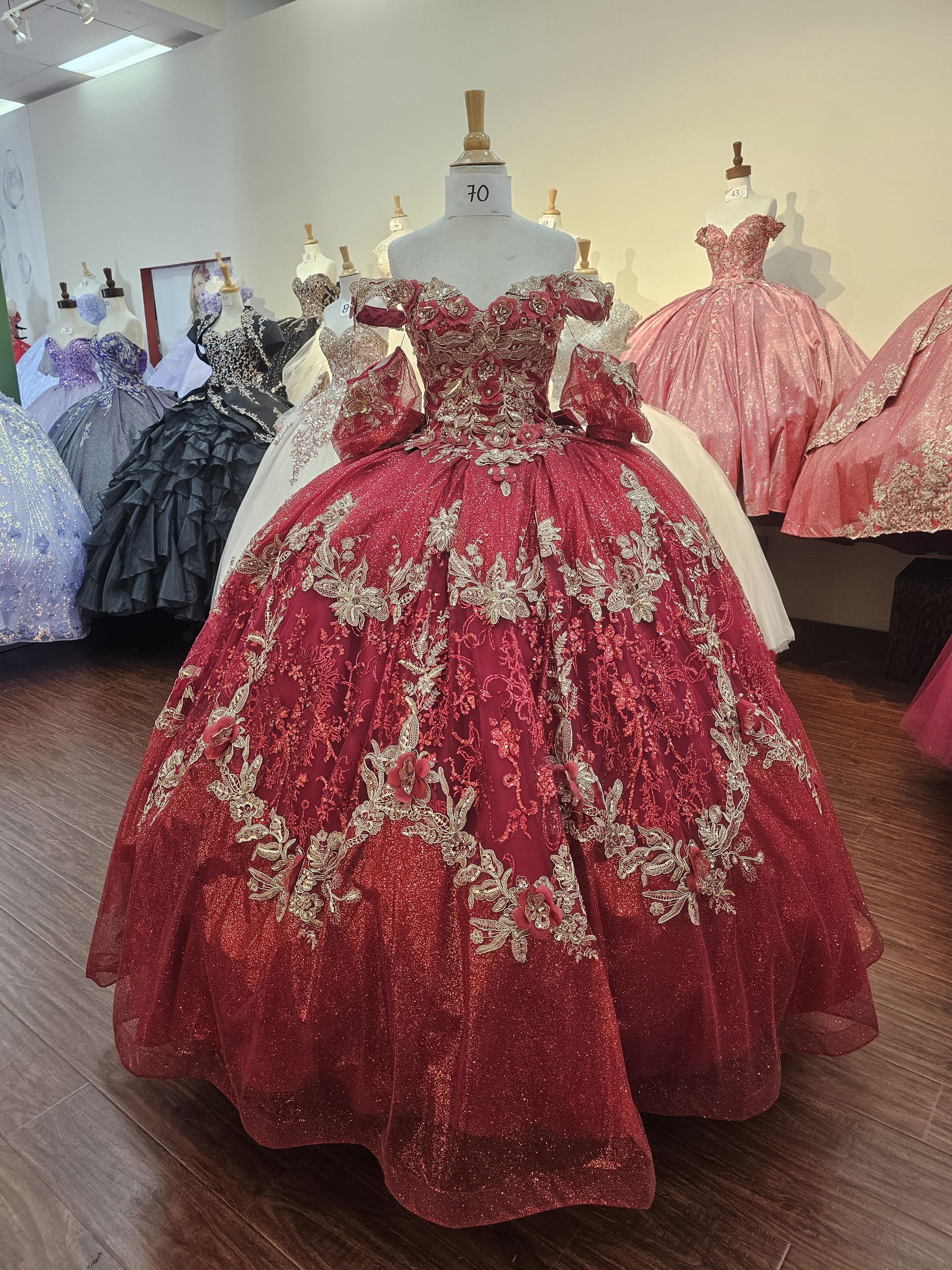 (Live 45)Quinceanera Ball Gown Dress - 3D Butterfly & Flower Embroidery Metallic Sweet 15 Red Sequin Dress for Special Occasions
